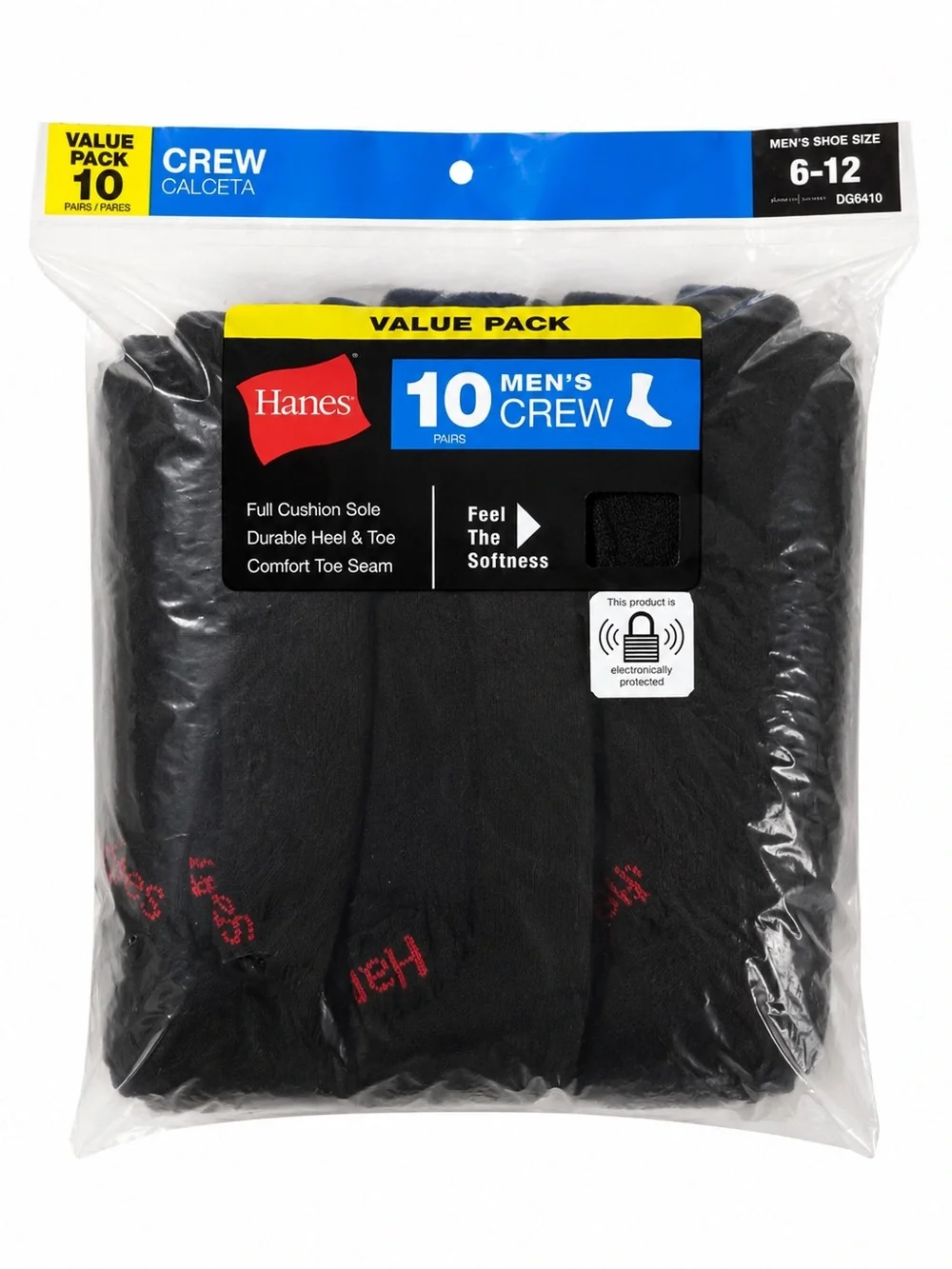 Hanes Black Cushion Comfort Crew Socks 10 Pair Pack Shoe Size 6-12 Sealed NWT